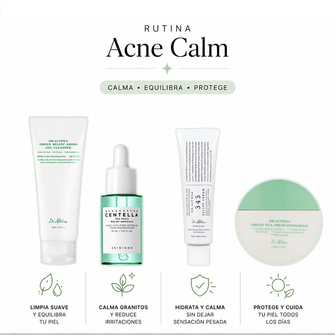Acne Calm - By REGY BEAUTY Rutina coreana Ideal para: • Piel con brotes o imperfecciones • Piel sensible o sensibilizada • Rutinas enfocadas en calmar y equilibrar la piel • Quienes buscan una rutina simple y ligera