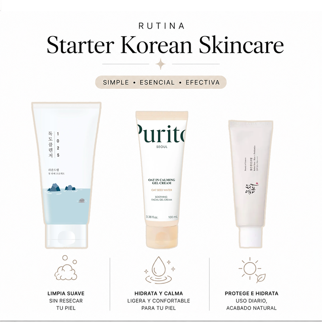 Starter Korean Skincare - By REGY BEAUTY Starter-Korean-Skincare Rutina coreana Ideal para: • Personas que recién empiezan en el skincare coreano • Quienes buscan una rutina simple y fácil de mantener • Piel normal, mixta, sensible o deshidratada • Quienes prefieren texturas ligeras y cómodas