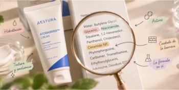 AESTURA ATOBARRIER365 Cream junto a una lista de ingredientes cosméticos INCI analizada con una lupa.